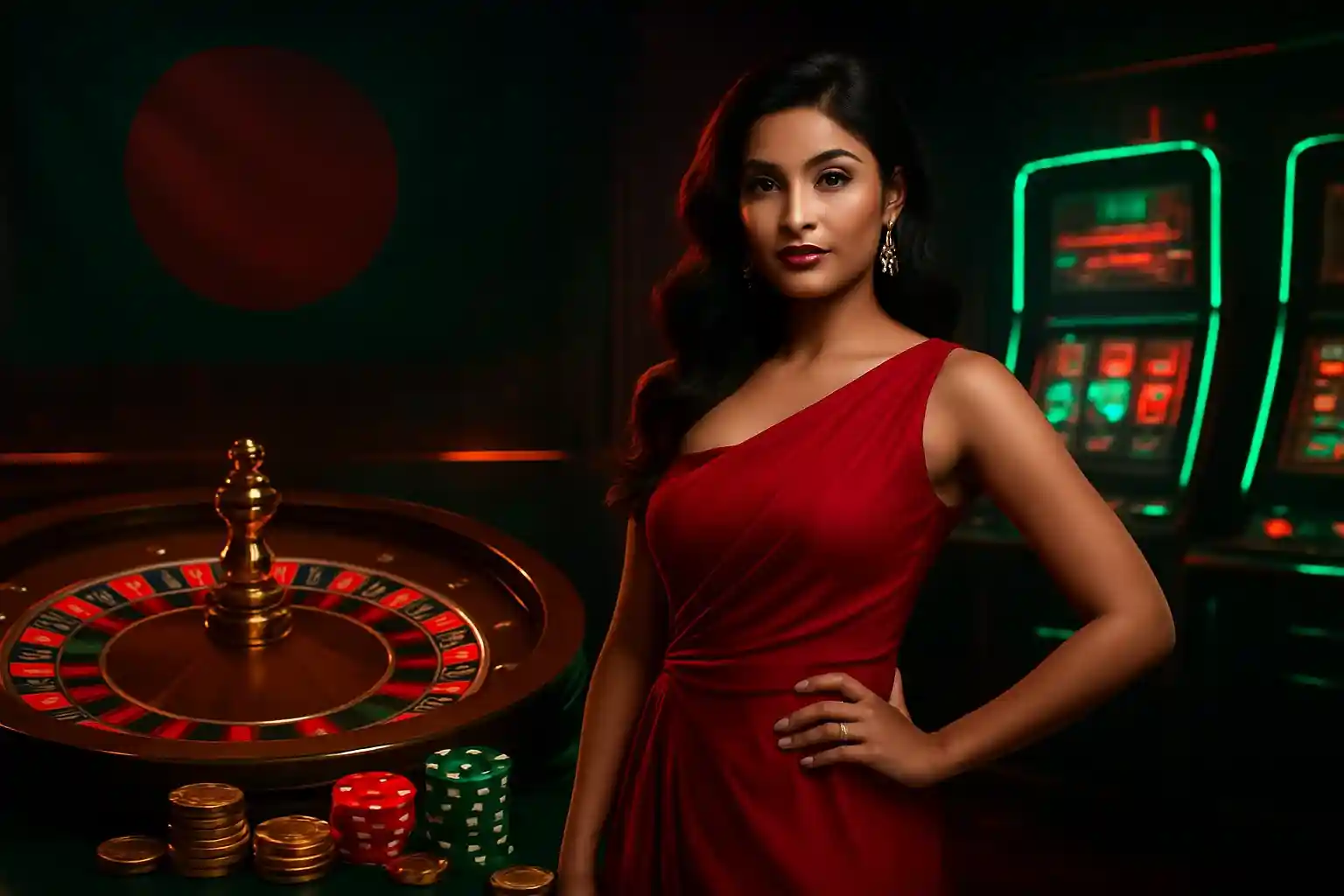 Elegant woman standing near roulette table inside casino environment Bangladesh