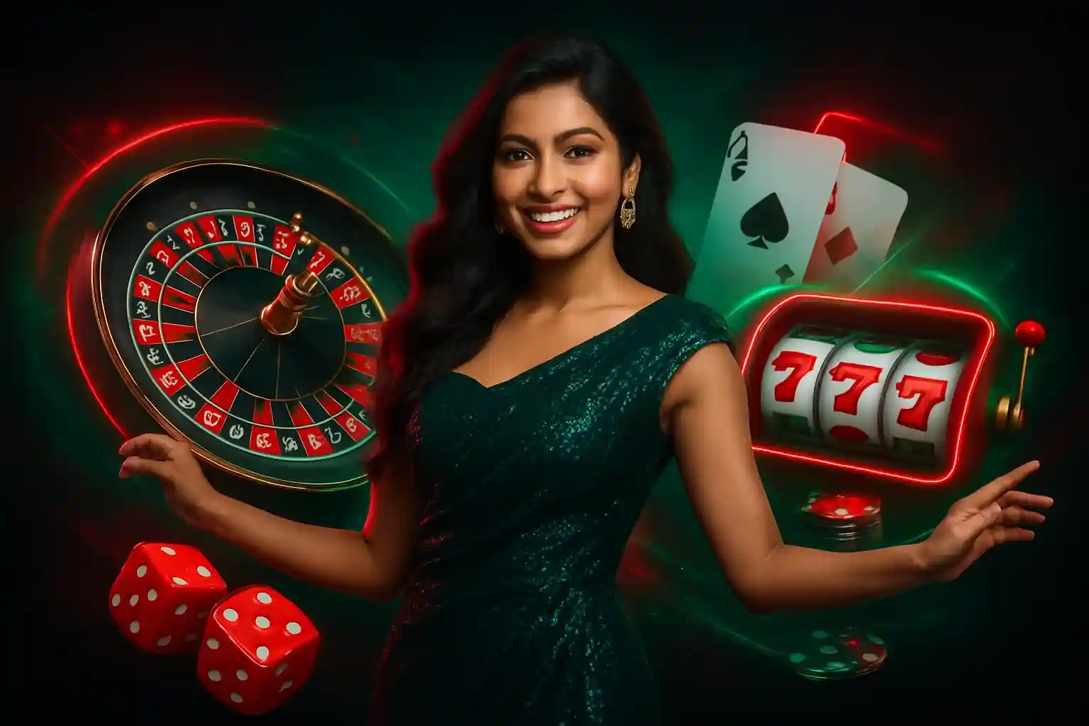 Woman presenting roulette wheel, slots and cards in online casino scene Bangladesh